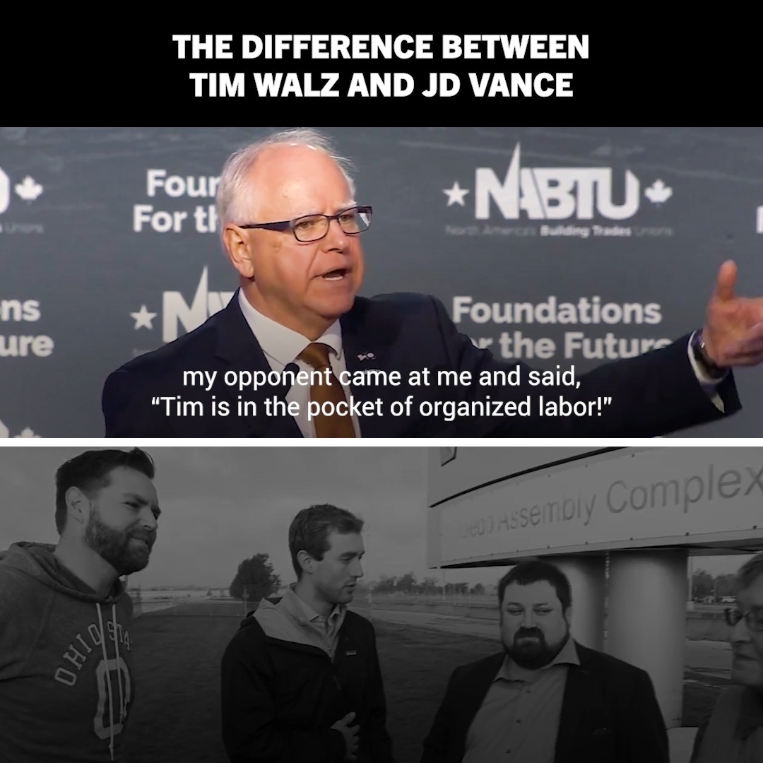 The difference? Tim Walz has always stood up for workers. JD Vance can’t say the same.