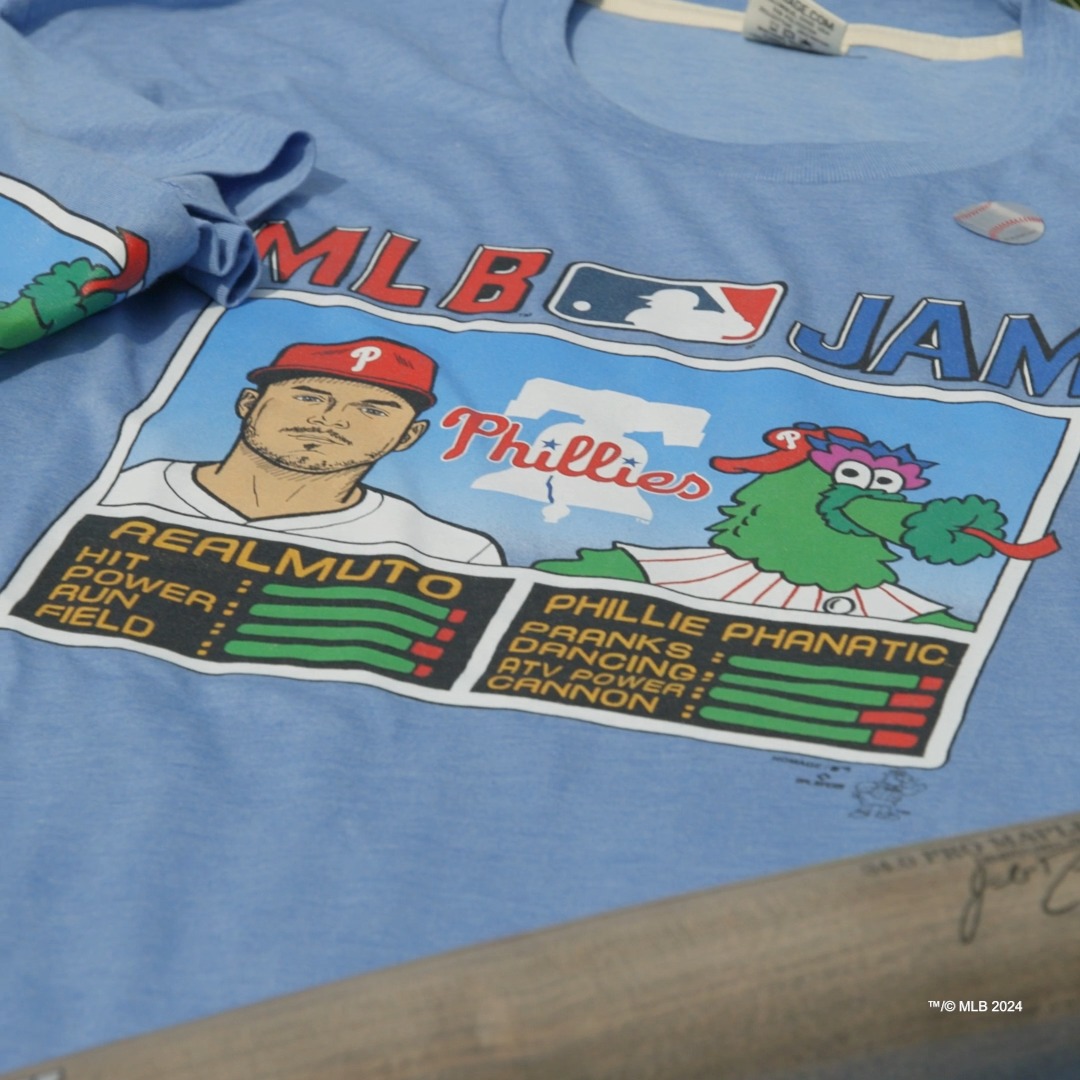 Boomshakalaka, it’s a match made in Philly heaven: Phillie Phanatic, and Philadelphia Phillies catcher JT Realmuto on an exclusive MLB Jam tee!