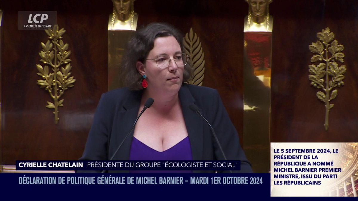 "Le Nouveau front populaire déposera comme annoncé, une motion de censure", confirme Cyrielle Chatelain avant d'évoquer "une première depuis 1945, un gouvernement sans participation de l'extrême droite" et "une tâche indélébile". #DirectAN #DPG