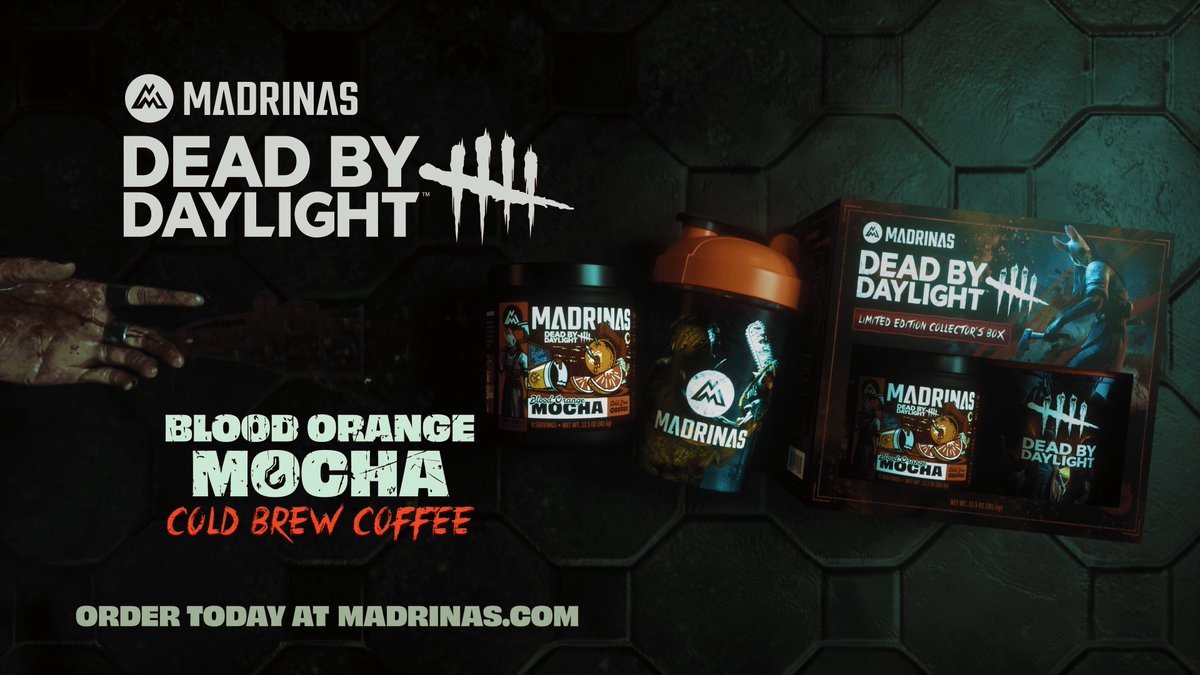 Fuel up for the chase 🏃 💨 with the new Dead by Daylight x MADRINAS Limited Edition Collector's Box featuring a Blood Orange Mocha Cold Brew Coffee, an exclusive Shaker Cup, and a code card for in-game surprises. Now available. 👉