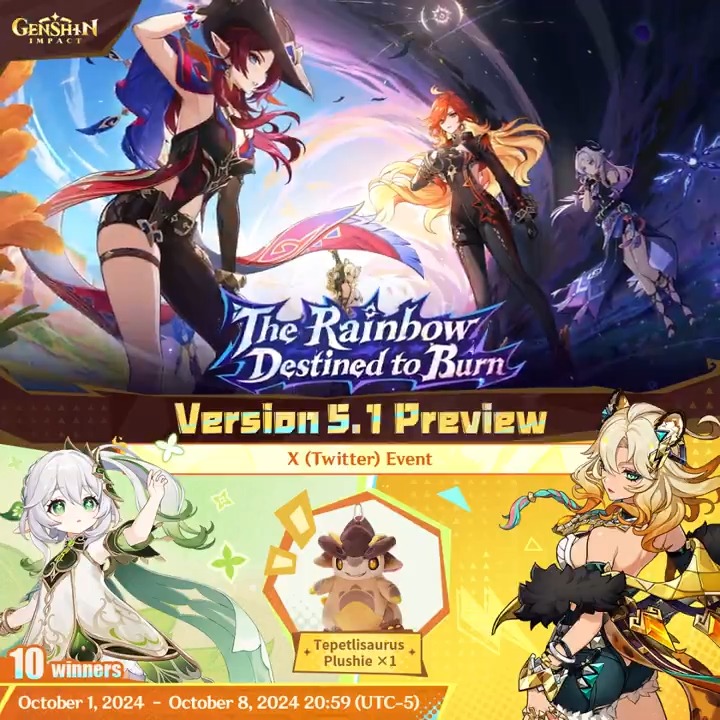 ✨Version 5.1 Preview✨ 🎁Participate in the event for a chance to win official merchandise. How to Participate: ① Follow Genshin Impact ② Retweet this post And you can instantly check the event results via this link>>> #GenshinImpact5ꓸ1