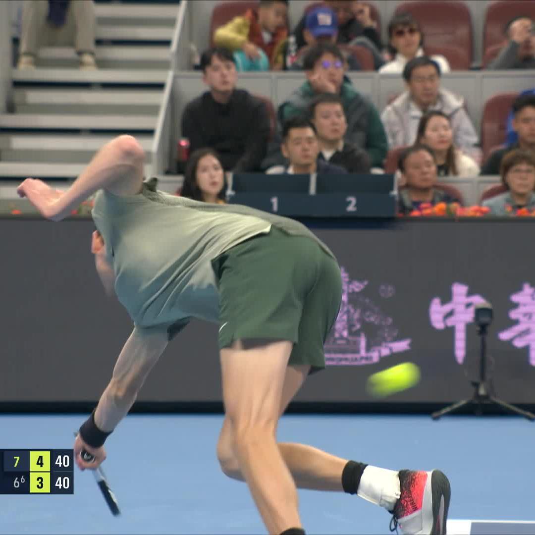 Jannik Sinner and Carlos Alcaraz are BLASTING the ball in Beijing. Jannik almost falls over during the point. He does a twirl, catches himself, &amp; proceeds to win the point like it’s nothing. Our ice cold world #1. 🥶