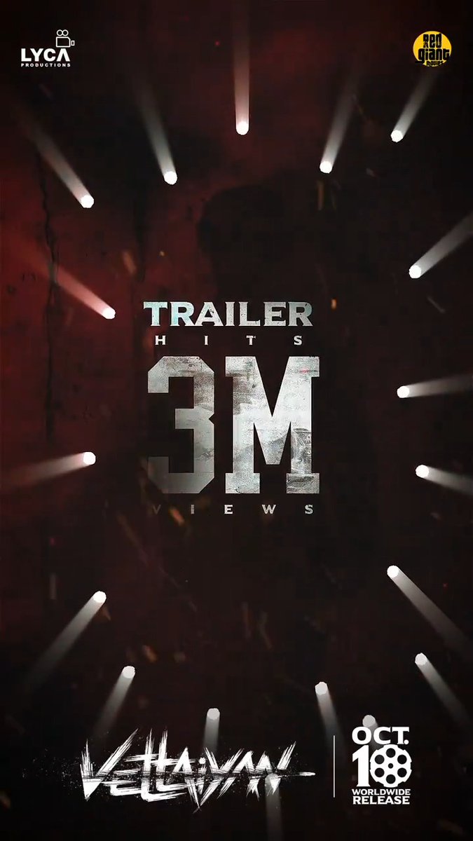 The hunt intensifies! 🔥 VETTAIYAN 🕶️ trailer has crossed 3️⃣ MILLION views on YouTube. 💥 ▶️ #Vettaiyan 🕶️ Releasing on 10th October in Tamil, Telugu, Hindi & Kannada! Rajinikanth Amitabh Bachchan Gnanavel Anirudh Ravichander Lyca Productions #Subaskaran GKM Tamil Kumaran #FahadhFaasil Rana Daggubati @ManjuWarrier4 Abhirami Ritika Singh Dushara S.R.Kathir ISC Philomin Raj Kadhirr 🆂🅰🅺🆃🅷🅴🅴 🆅🅴🅽🅺🅰🆃🆁🅰🅹.🅼 AnbAriv #DineshMaster GM Sundar Vj Rakshan #PattanamRasheed #Banu #AnuVardhan Gopi Prasannaa Red Giant Movies Sony Music South India Sun TV Film Distribution Network prime video IN support Rednool RIAZ K AHMED V4umedia Beyond Media Sabari PRO Harish Arasu PRO AIM PRO #வேட்டையன் 🕶️ #VettaiyanTheHunter 🕶️ #VettaiyanFromOct10