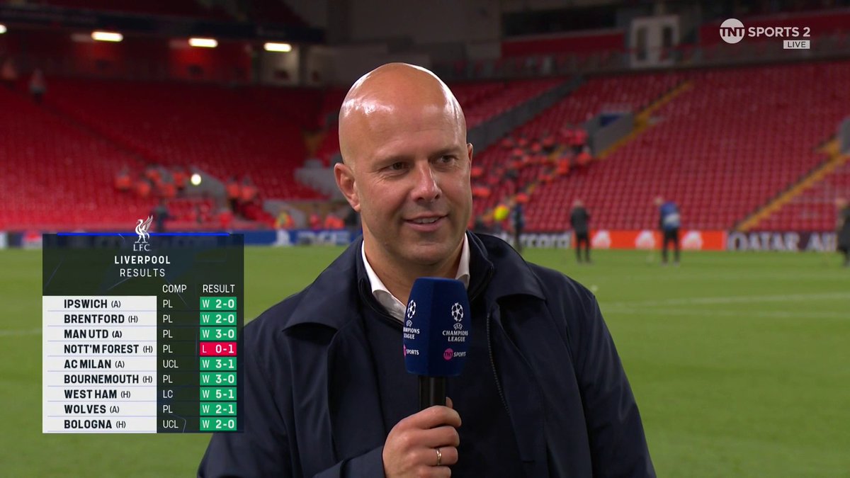“It’s nearly impossible to do something so special at this club.” 🤣 Arne Slot reacts to a record-breaking start as Liverpool boss and to his first Champions League night at Anfield 🏟