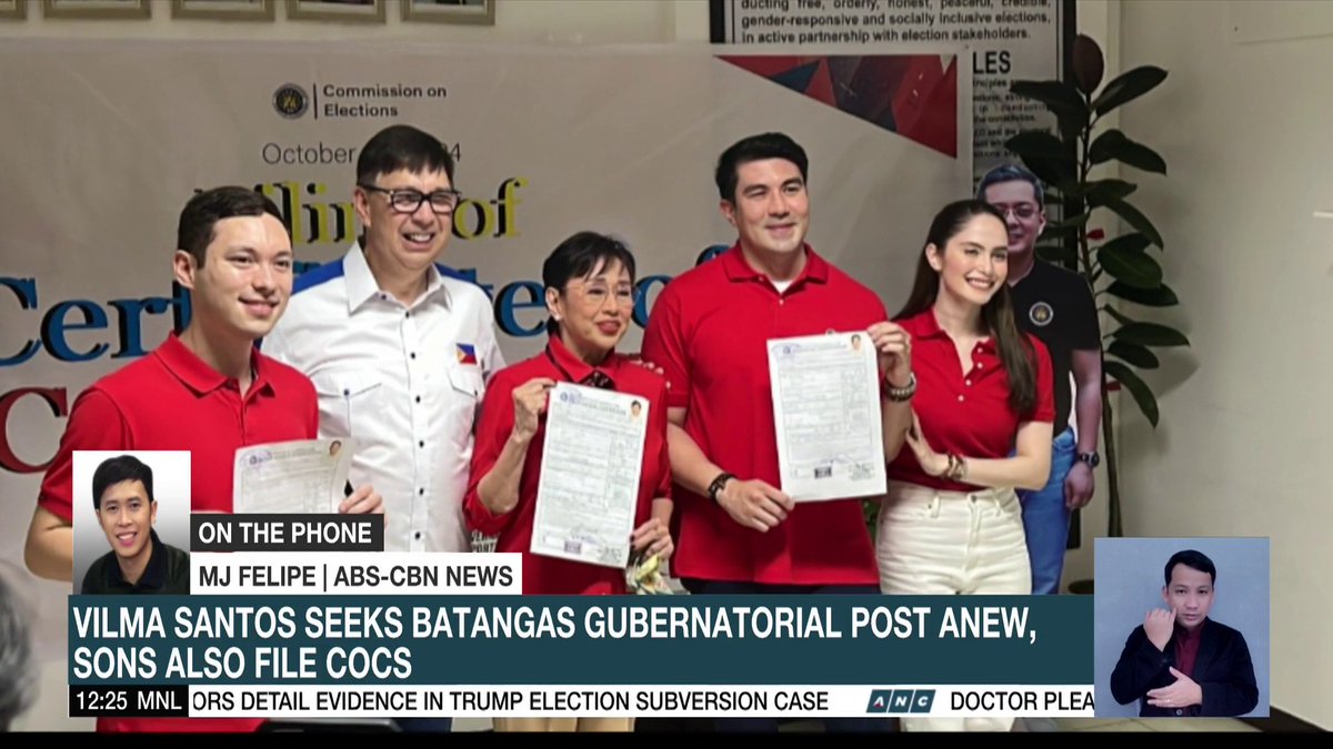 Actress Vilma Santos-Recto files a Certificate of Candidacy for her gubernatorial bid in Batangas, Thursday, October 3. With her are sons Luis Manzano, who is seeking a vice governor post, and Ryan Christopher Recto, who will run as the 6th district representative of the province. #DatelinePhilippines