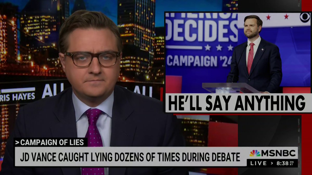 WATCH: "JD Vance lies with such ease, so smoothly that even when you're paying attention and you know the score, sometimes you don't even know you're being lied to," says Chris Hayes. "It drives me insane."