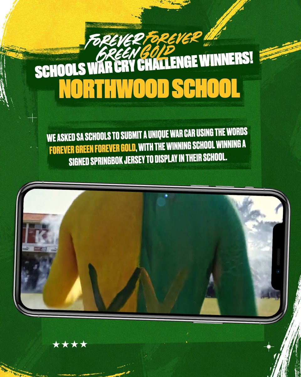 Congratulations to @nwoodschool from KZN for winning the schools war cry challenge 👏 Thank you for bringing the energy, the passion, and the gees in the true spirit of #ForeverGreenForeverGold, your signed jersey by the RWC squad is on its way 💚💛 A huge thank you to all the schools who participated and showed their support for the #Springboks 🫡