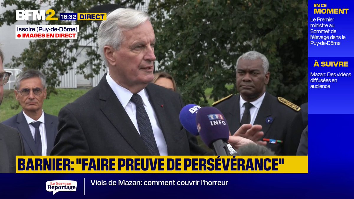 ➡ Sommet de l'élevage: Michel Barnier souhaite que la France "redevienne une terre de production" après sa visite dans l'usine Constellium à Issoire (Puy de Dôme).