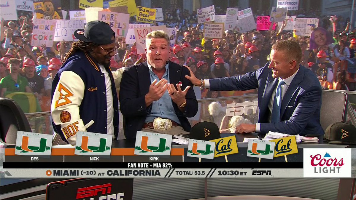 .Pat McAfee wasn't about to pick against Marshawn Lynch and Cal 😂