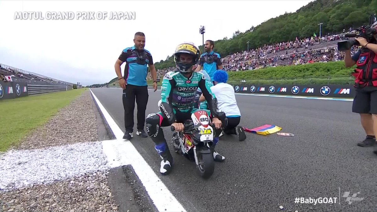 Time to go golden with the 2024 #Moto3 World Champion helmet 🏆 David Alonso reunites with his first-ever motorcycle! 🏍️ #BabyGOAT 🐐 | #JapaneseGP 🇯🇵