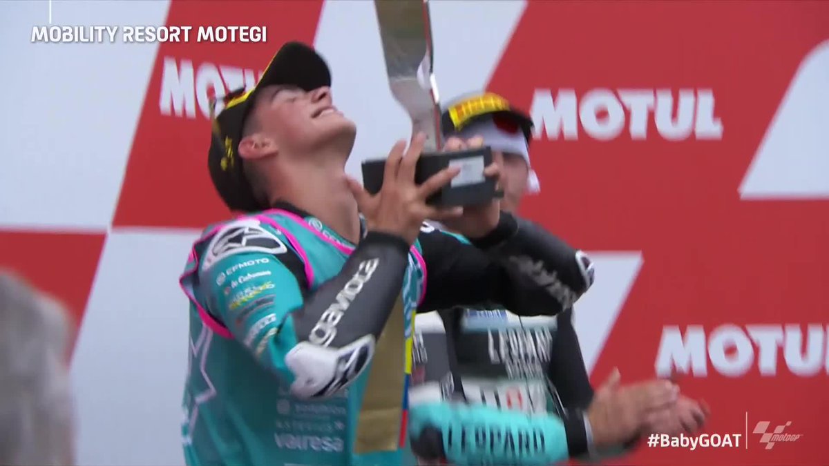 BIG IN JAPAN! 💪 David Alonso lifts up the winner's trophy as 2024 #Moto3 World Champion 🏆 #BabyGOAT 🐐 | #JapaneseGP 🇯🇵