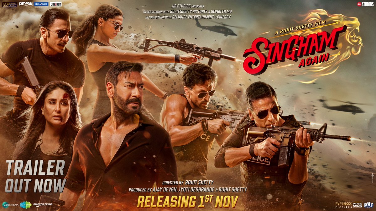 Aa Rahi Hai Police Aapke Saath Diwali Manane 💥 #SinghamAgainTrailer Out Now. Link: See you in the theatres on 1st Nov! #SinghamAgain Ajay Devgn Akshay Kumar Deepika Padukone Ranveer Singh #KareenaKapoorKhan Tiger Shroff arjunk26 Jackie Shroff #JyotiDeshpande Rohit Shetty Picturez Jio Studios Devgn Films Reliance Entertainment #Cinergy Phars Film Co LLC moviegoersent PVR INOX Pictures #nmacc_india