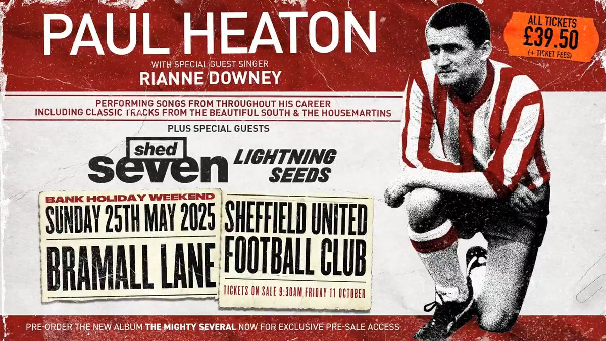 We're delighted to announce a very special headline show Sheffield United's Bramall Lane on Bank Holiday weekend Sunday 25th May 2025. Special guests @ShedSeven+Lightning Seeds. Tickets £39.50(+ticket fees). Pre-order the new album at for pre-sale access.