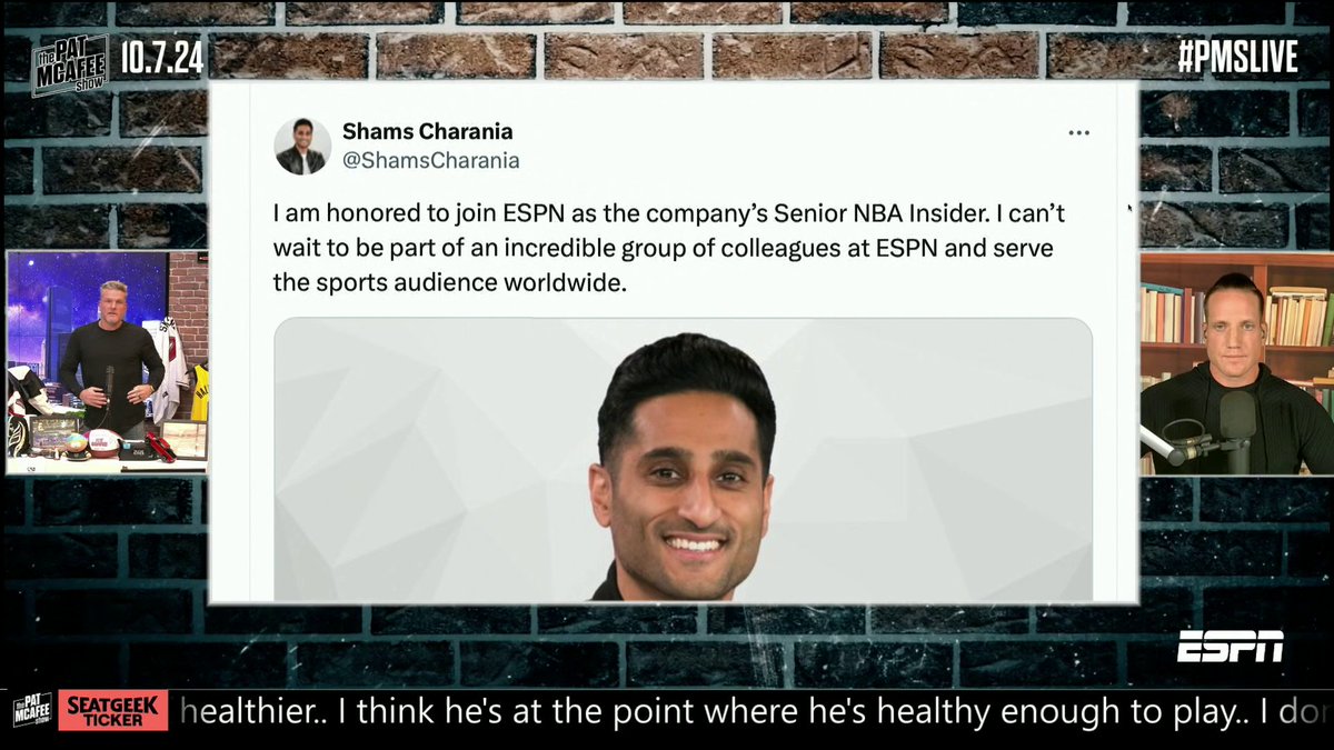 Welcome to ESPN, Shams Charania! Pat McAfee had to give our new NBA Insider his flowers 👏