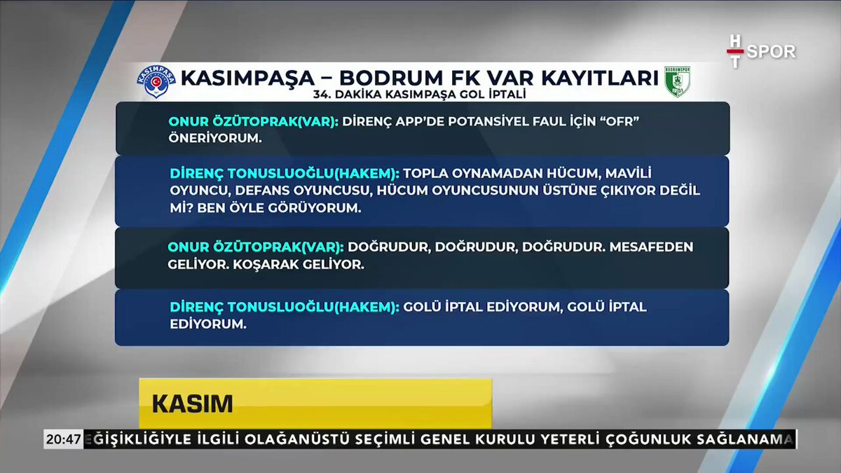 Kasımpaşa'nın uydurma faulle, VAR müdahalesiyle 2 puanının çalındığı maçın VAR konuşmaları... bu lige derhal yabancı hakem gelmeli. bu rezil Türk hakemleri bu ligde maç yönetmemeli.