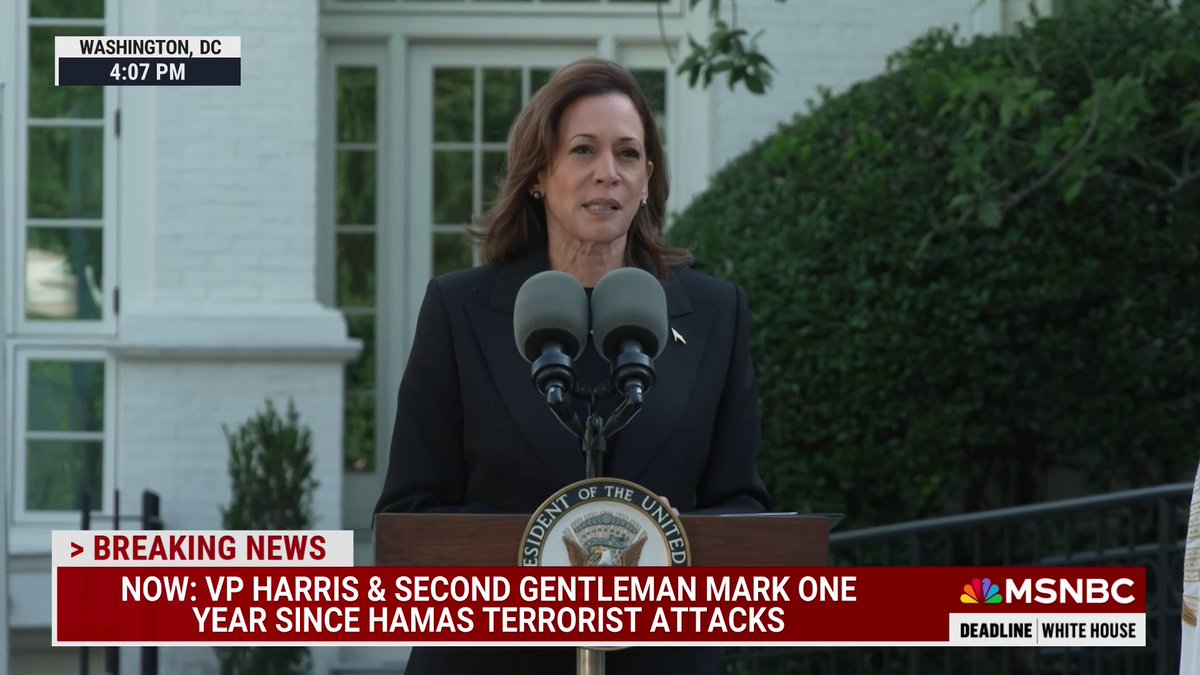 VP Harris and the second gentleman plant a pomegranate tree "to remind future vice presidents of the United States, their families and all who pass through these grounds not only of the horror of October 7th but the strength and the endurance of the Jewish people," Harris says.