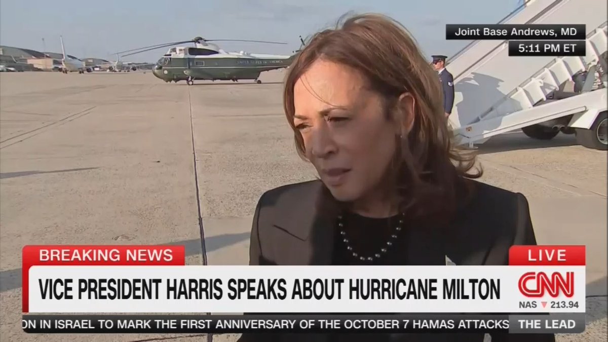 Q: Governor DeSantis is ignoring your calls. How does that hurt the situation with Hurricane Milton? Vice President Harris: Moments of crisis should really be the moment that anyone who calls themselves a leader says they're going to put politics aside and put the people first. People are in desperate need of support right now and playing political games at this moment is just utterly irresponsible and selfish