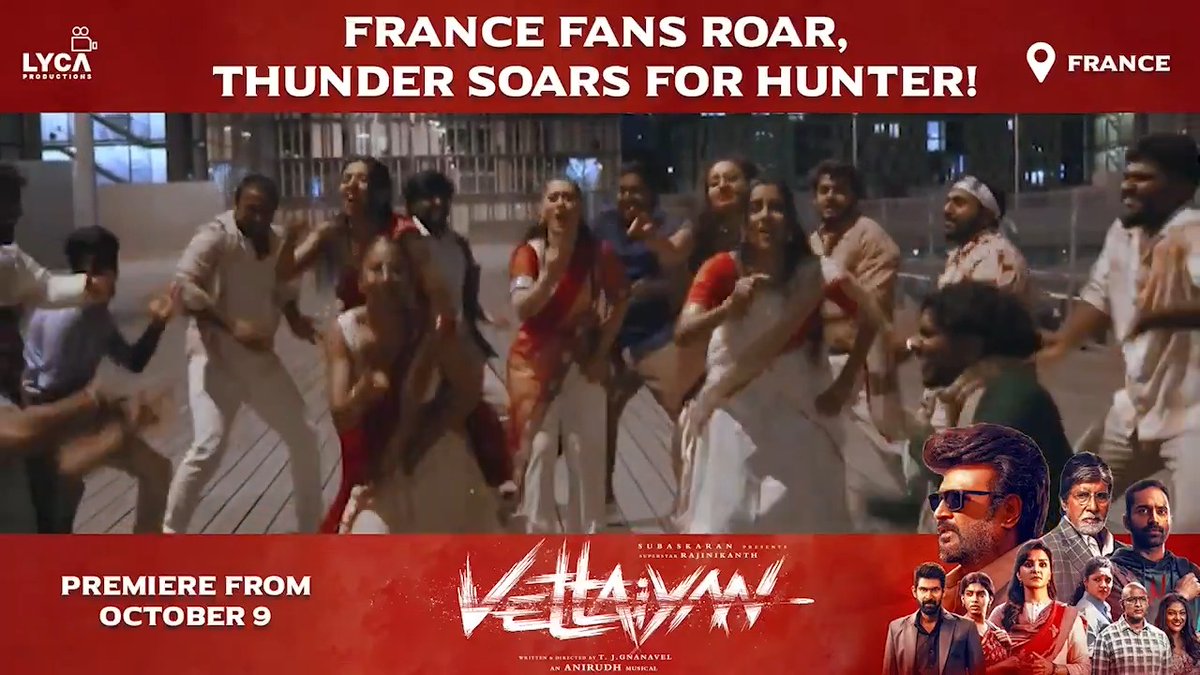 Thalaivar fans in FRANCE 🇫🇷 come together to celebrate 🎉 the highly-anticipated release of VETTAIYAN 🕶️ #Vettaiyan 🕶️ Releasing on 10th October in Tamil, Telugu, Hindi & Kannada! Rajinikanth Amitabh Bachchan Gnanavel Anirudh Ravichander Lyca Productions #Subaskaran GKM Tamil Kumaran #FahadhFaasil Rana Daggubati @ManjuWarrier4 Abhirami Ritika Singh Dushara S.R.Kathir ISC Kadhirr Philomin Raj #DineshMaster Sony Music South India Film Distribution Network RIAZ K AHMED V4U Media AIM PRO Lyca Mobile France Night ED Films #வேட்டையன் 🕶️ #VettaiyanFromOct10