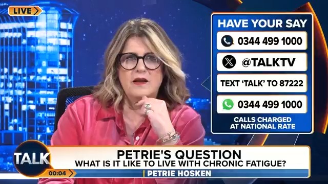 Talk presenter Petrie Hosken emotionally reveals she has multiple sclerosis. "The truth is that I have multiple sclerosis, and I'm very private about it. I've never talked about it. So I have MS. And part of that is fundamentally this chronic fatigue."