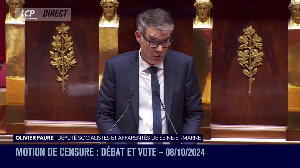 "Jamais je n'aurais dû me tenir devant vous aujourd'hui, pour défendre cette #MotionDeCensure", déclare Olivier Faure, évoquant "un gouvernement qui lui non plus, n'aurait jamais dû être nommé" et rappelant que "le 7 juillet, c'est le NFP qui est arrivé en tête". #DirectAN