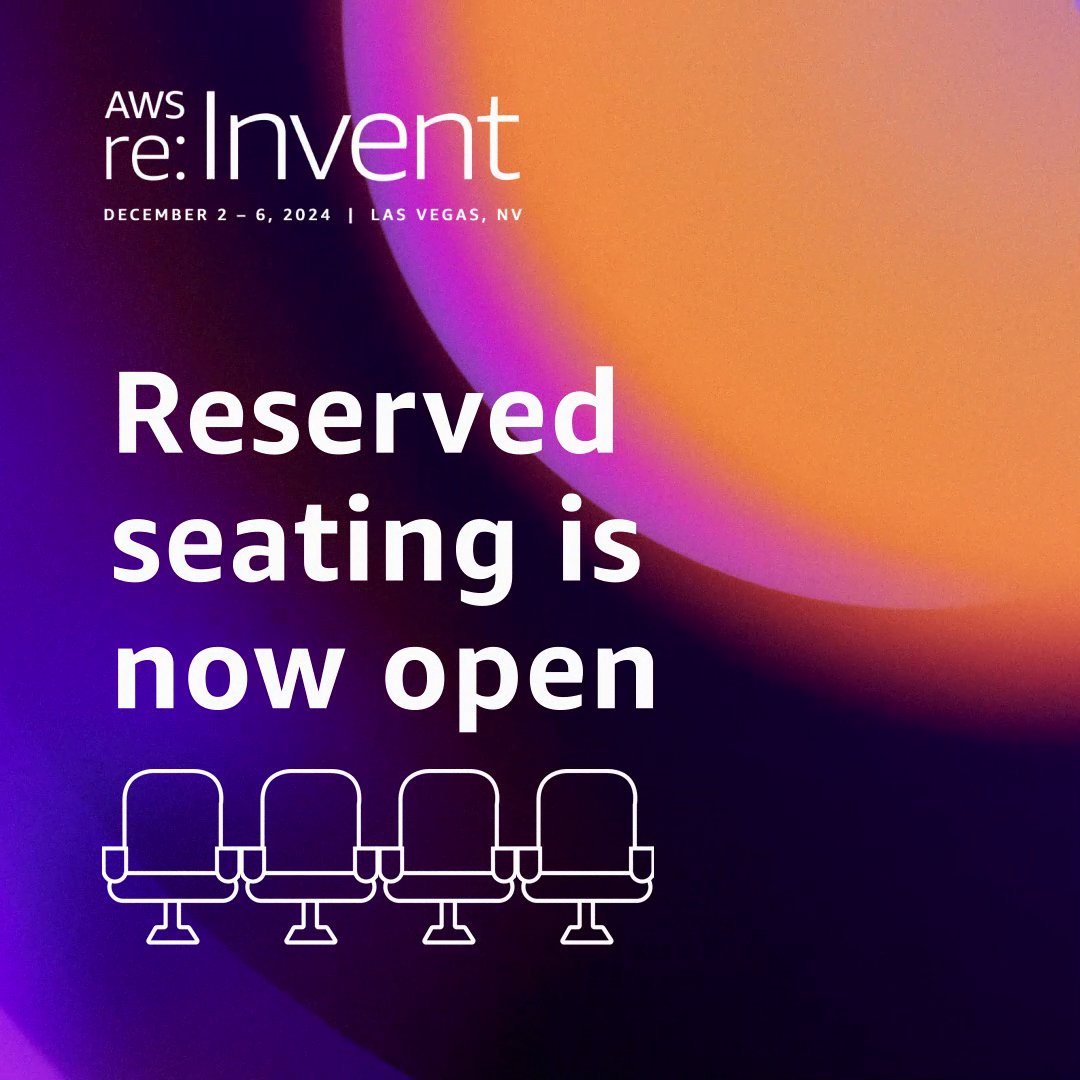 Reserved seating is now open for registered #AWSreInvent attendees! 🎟️💺💻 Secure your spot for your favorite breakout sessions, workshops, chalk talks, & more. #AWS Don't miss out. Reserve your seat for popular sessions before they fill up. 👉