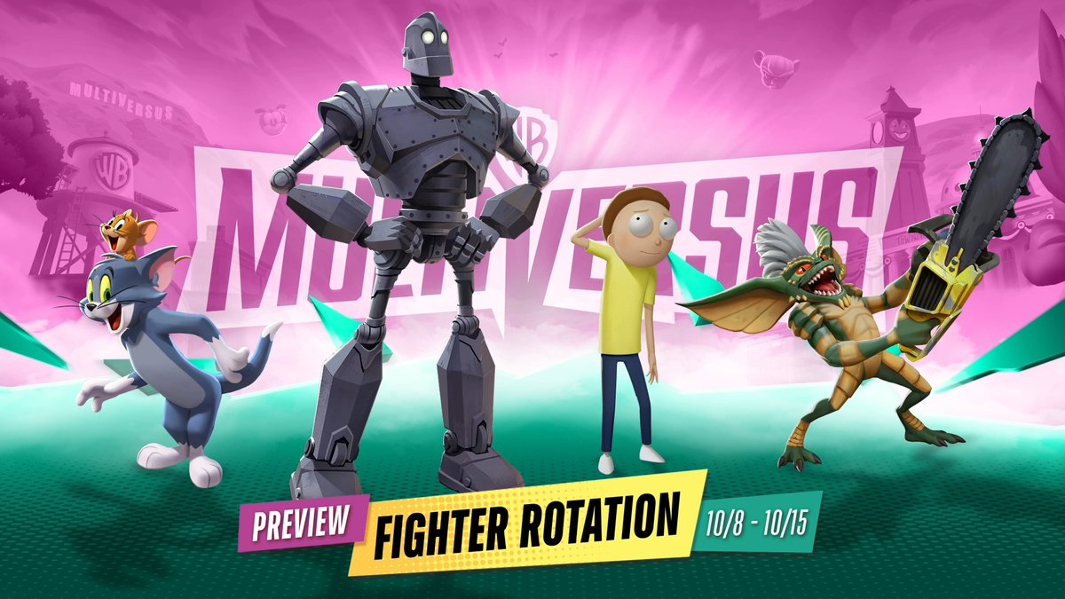 This #MultiVersus Preview Fighter Rotation features a giant robot fighting to be good, a kid fighting adolescence, a cat &amp; mouse fighting themselves and a Gremlin fighting everyone.