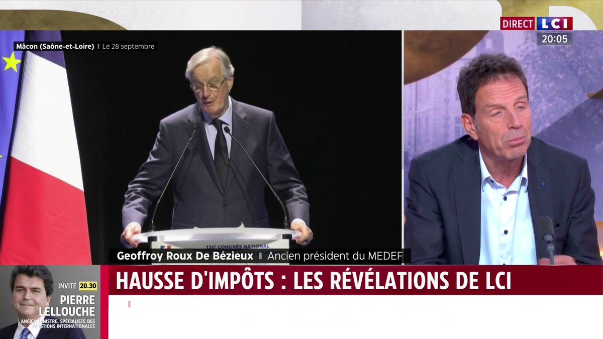 🗣️ Les hausses d'impôts qui concerneront les 65.000 foyers les plus fortunés "serviront pendant deux ans", prévient l'ancien patron du Mouvement des Entreprises de France, Geoffroy Roux de Bezieux, invité de Darius Rochebin