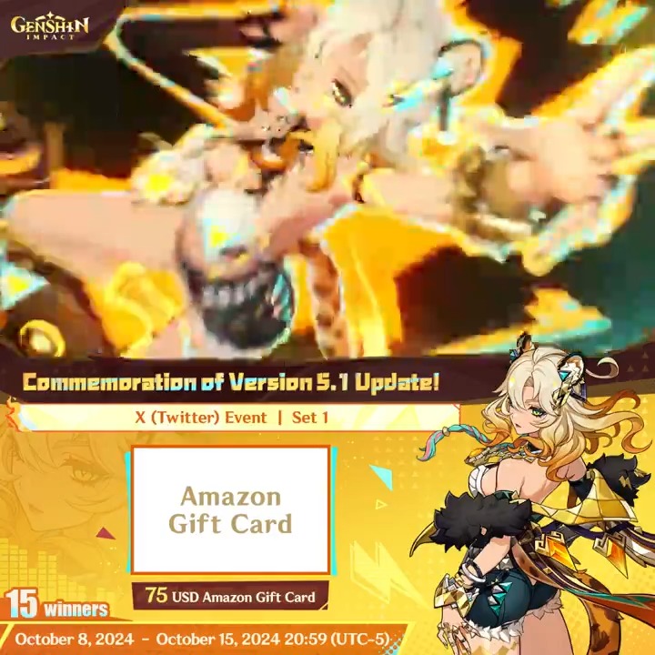 ✨Set 1✨ Commemoration of Version 5.1 Update 🎁Participate in the event for a chance to win a $75 Amazon gift card. How to Participate: ① Follow Genshin Impact ② Retweet this post You can instantly check the event results here>>> #GenshinImpact5ꓸ1