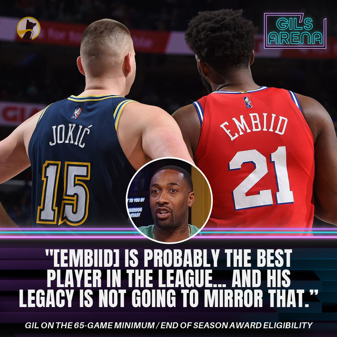 Gilbert Arenas says Joel Embiid is probably the best player in the NBA, and the NBA’s 65-game rule has prevented his accolades from stacking up against Jokic’s “Embiid has beat this man’s a$$” (🎥 Gil’s Arena )