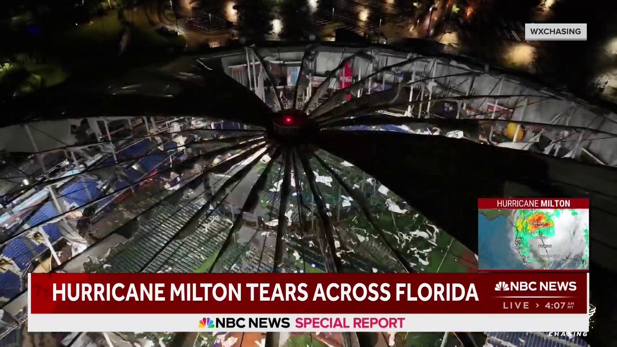 The roof of Tropicana Field was shredded by Hurricane Milton.