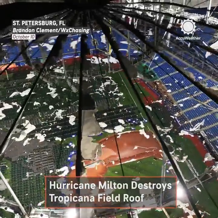 The roof of Tropicana Field, home of the Tampa Bay Rays baseball team, was ripped apart by Hurricane Milton.