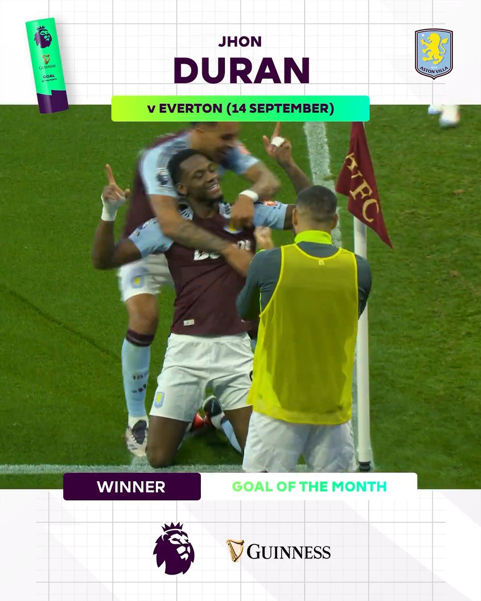What. A. Strike. 🤤 Jhon Duran's long-range effort against Everton has won September's Guinness Goal of the Month award! #PLAwards | Aston Villa