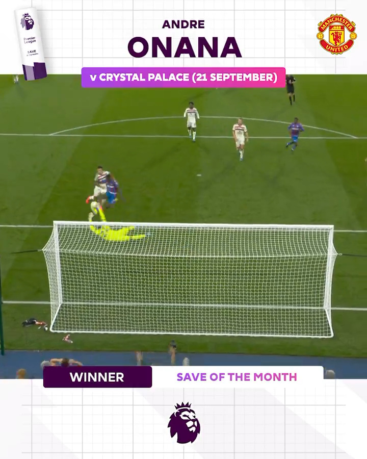 Andre Onana wins September's Save of the Month award for his incredible reactions against Crystal Palace! ⚡️ #PLAwards | Manchester United