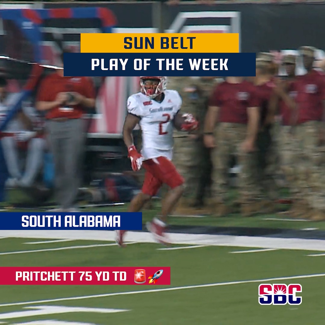 𝗥𝗨𝗡𝗡𝗜𝗡𝗚 𝗙𝗥𝗘𝗘. Gio Lopez 7️⃣ finds a wide open Jamaal pritchett for a 75-yard 💣 for South Alabama Football 🏈. ☀️🏈
