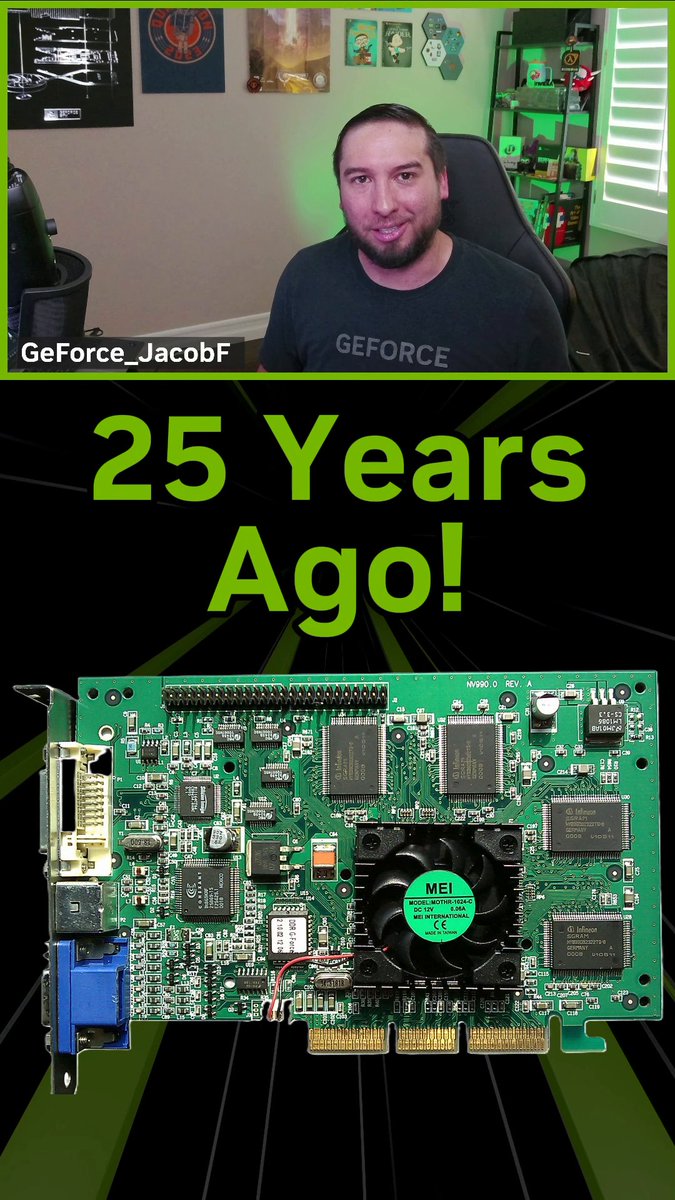 25 years since the first ever GPU 💚 Jacob Freeman celebrates the groundbreaking advancements in computer graphics and AI, all starting with the GeForce 256. #GeForceDay