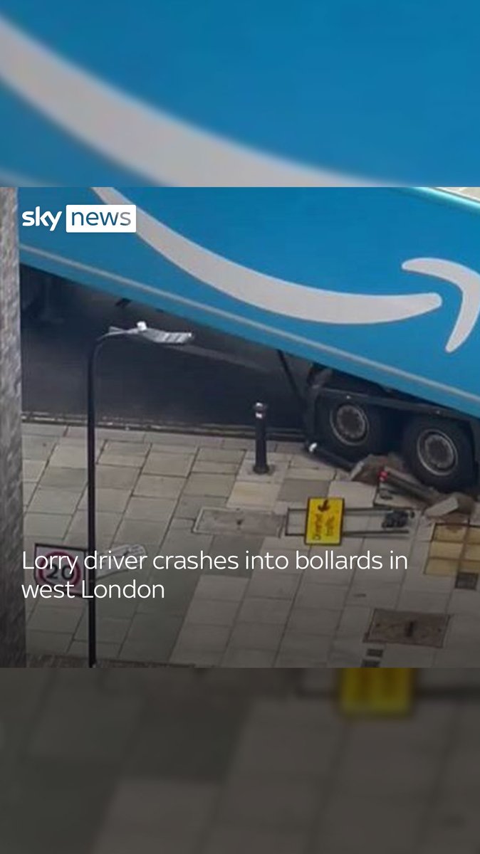 An Amazon-branded lorry was filmed partially mounting a pavement and crushing into bollards in west London ⬇️