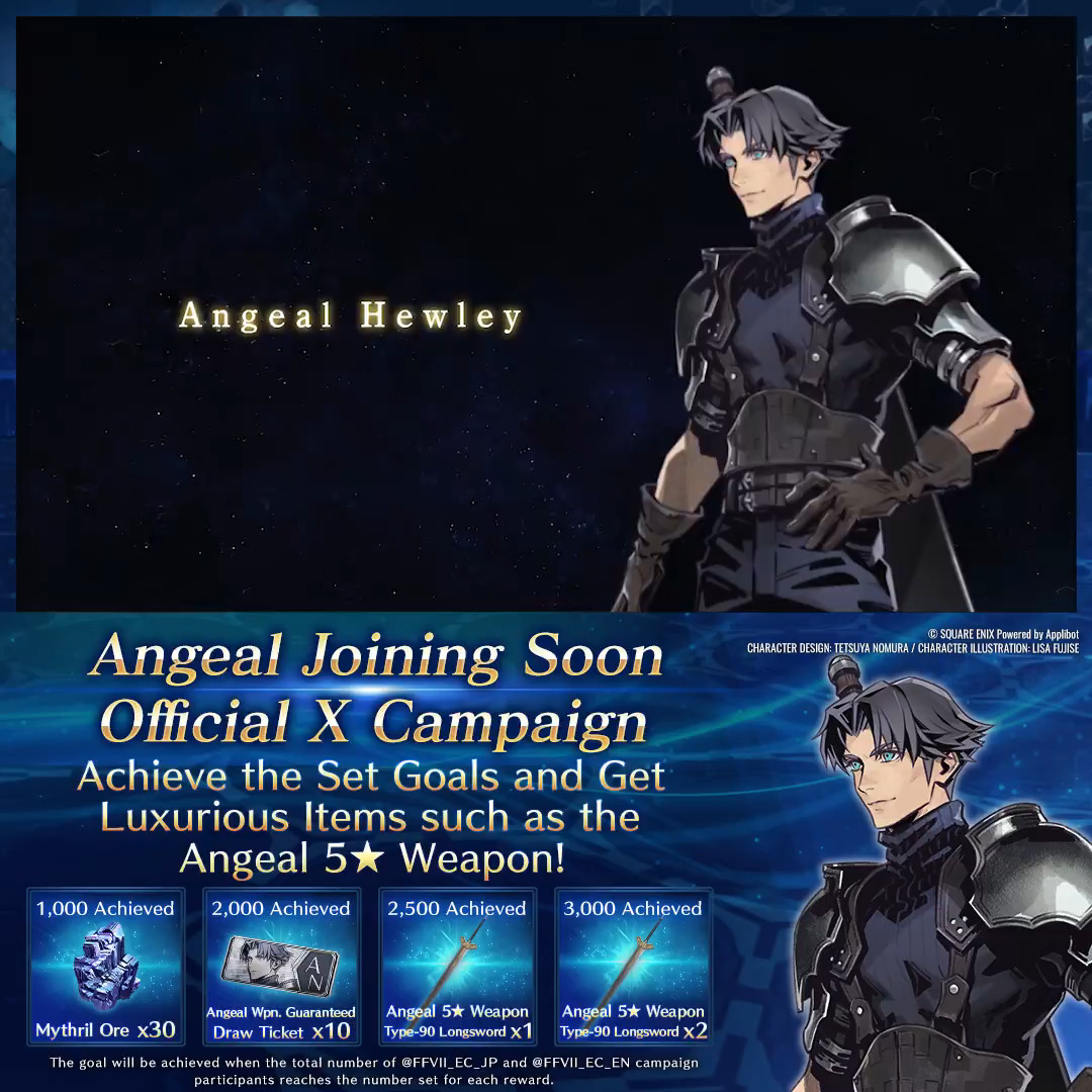 #Angeal Joining Soon Official X Campaign Repost to take part! Meet the conditions during the period and get an in-game reward! Achieve all goals to get an Angeal-exclusive 5★ weapon! Deadline: Oct. 15 7:59 AM PDT #FF7EC