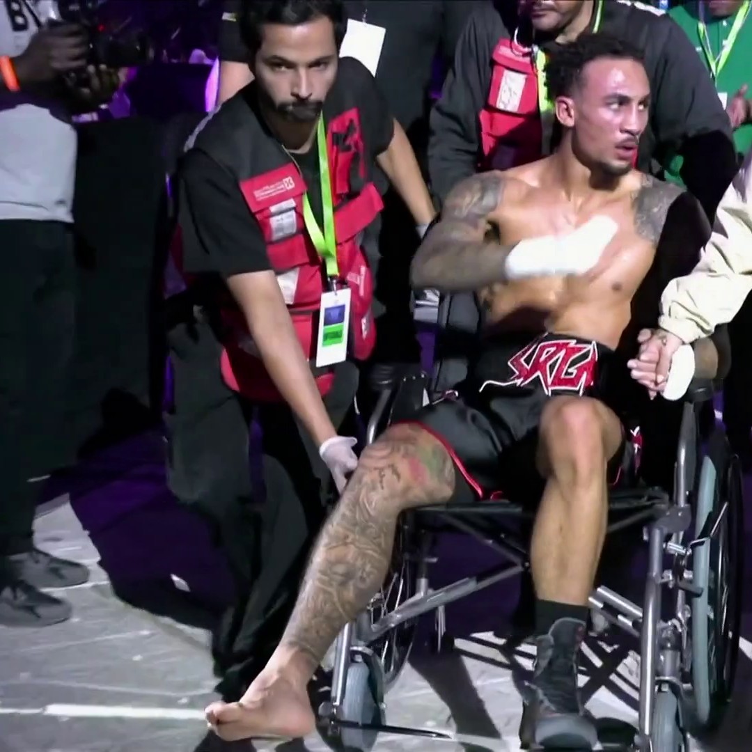 Ben Whittaker leaves ringside in a wheelchair following the incident in the fifth round against Liam Cameron. #BeterbievBivol x #WardleyClarke2 | Live Now | #RiyadhSeason