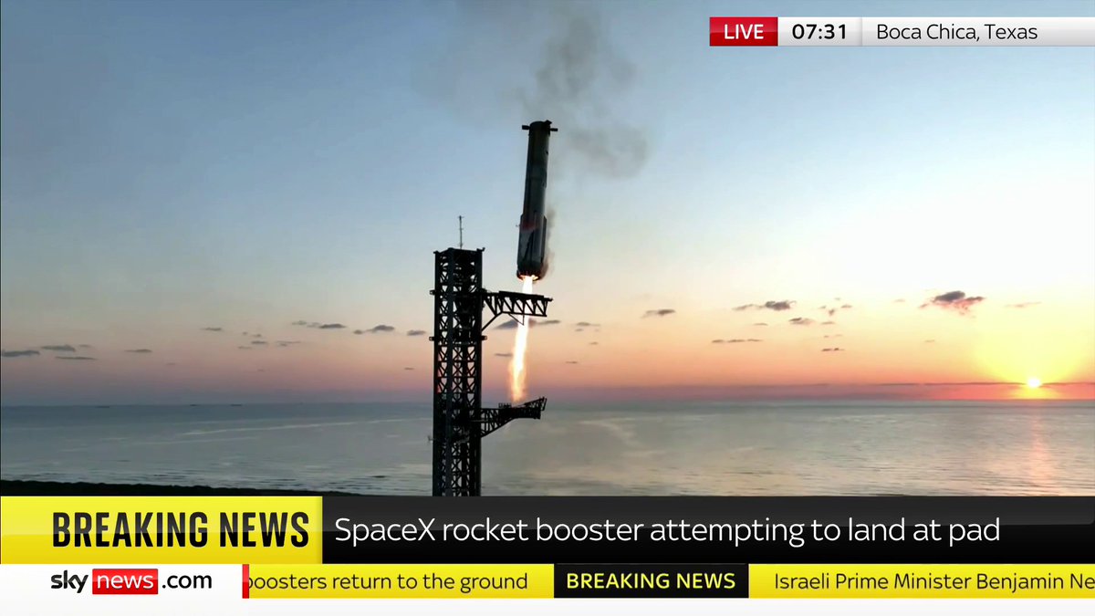 BREAKING: SpaceX Spacecraft successfully returns to ground after being caught by clamps that they are calling "chopsticks" 📺 Sky 501, Virgin 602, Freeview 233 and YouTube