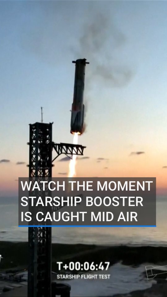 Watch the 'astonishing' moment SpaceX successfully "caught" the first-stage booster of its Starship megarocket using giant metal arms as it returned to the launch pad after a test flight. Read more: #SpaceX