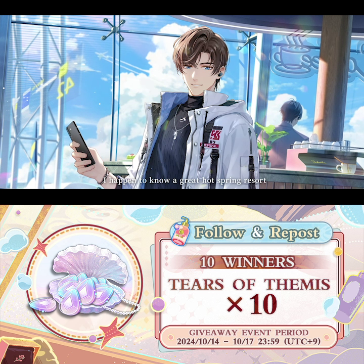 #Artem SSR ✦ Immersed in Intimacy ✦ ✅ Follow &amp; 🔄 Repost 🎁 Tears of Themis ×10 (10 winners) ⌛ Ends on 2024/10/17 at 23:59 (UTC+9) ⌛ Vapors of Romance Limited-Time Event and the Artem SSR are coming soon! ✦Japanese dubbed version: #TearsOfThemis