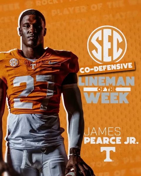 🏈 SEC Defensive Lineman of the Week: WK 7 🟠 James Pearce Jr. Tennessee Football x #SECFB