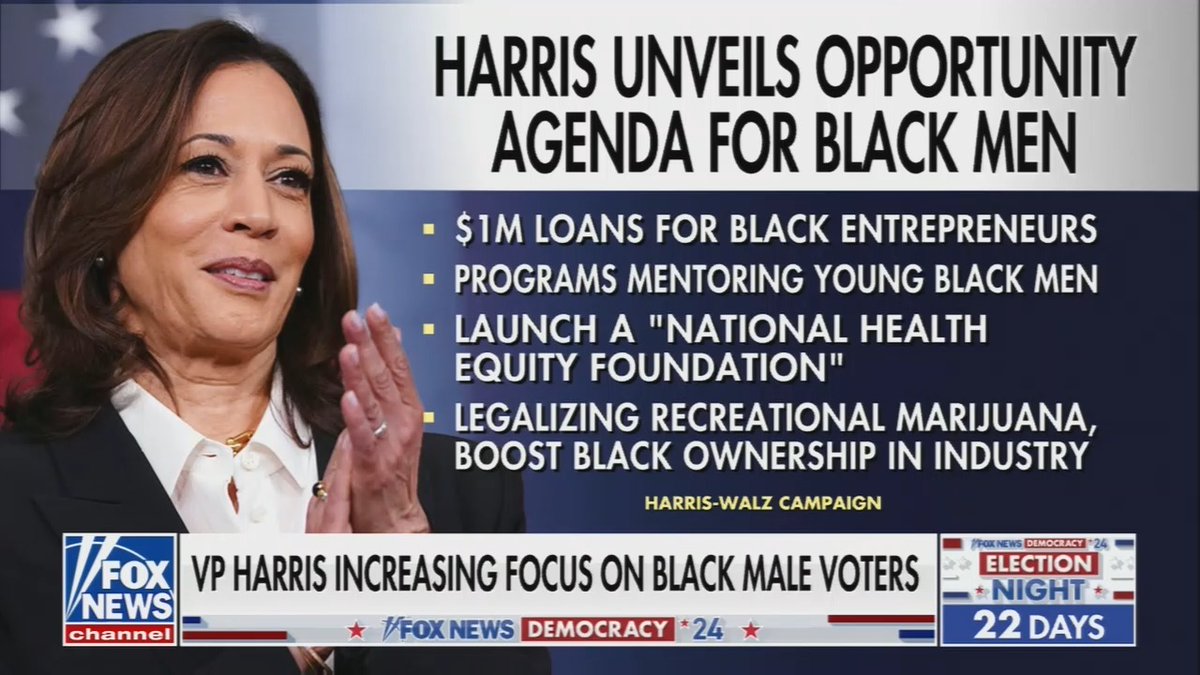Fox: Kamala Harris just released a new Opportunity Agenda for Black Men that includes $1 million loans for Black entrepreneurs, programs focusing on mentoring young Black Americans, health and equity within the Black community, and legalizing marijuana once and for all