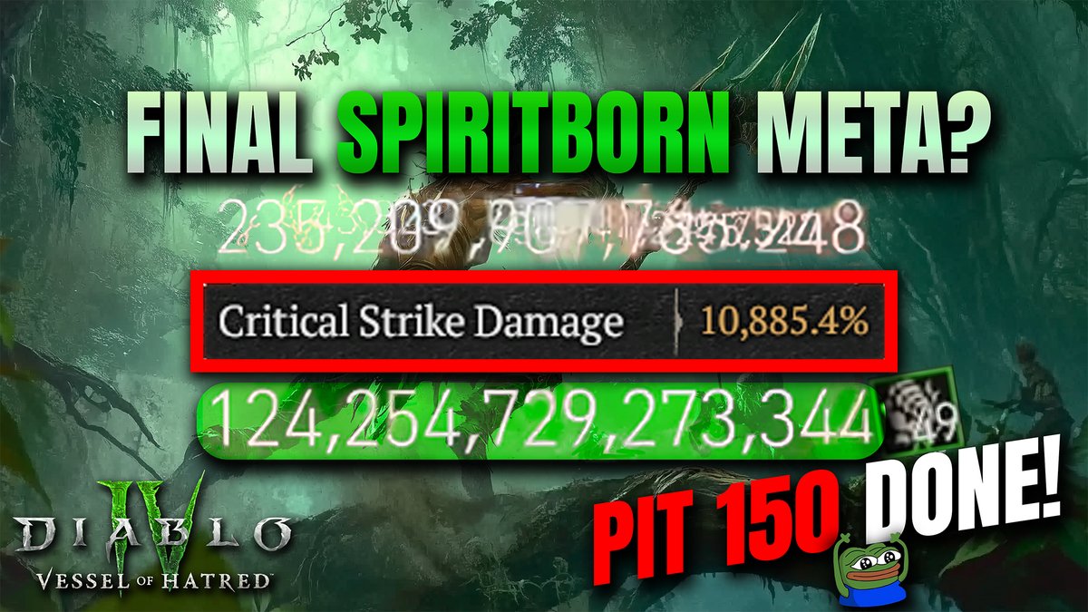 Pit Level 150 has been cleared by the Spiritborn stacking up to 49 Resolve Stack with crazy Block Chance & 10.000+ Crit Damage now hitting for up to 300 TRILLION per HIT 🤯 Here is the full Build & Video: