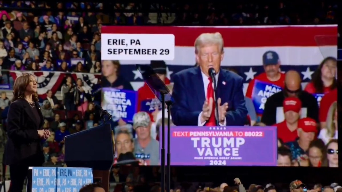 Vice President Harris plays a montage of Trump calling to deploy the military on Americans who don’t support him: “A second Trump term is a huge risk for America. He is increasingly unstable and unhinged. And he is out for unchecked power and control over your lives”