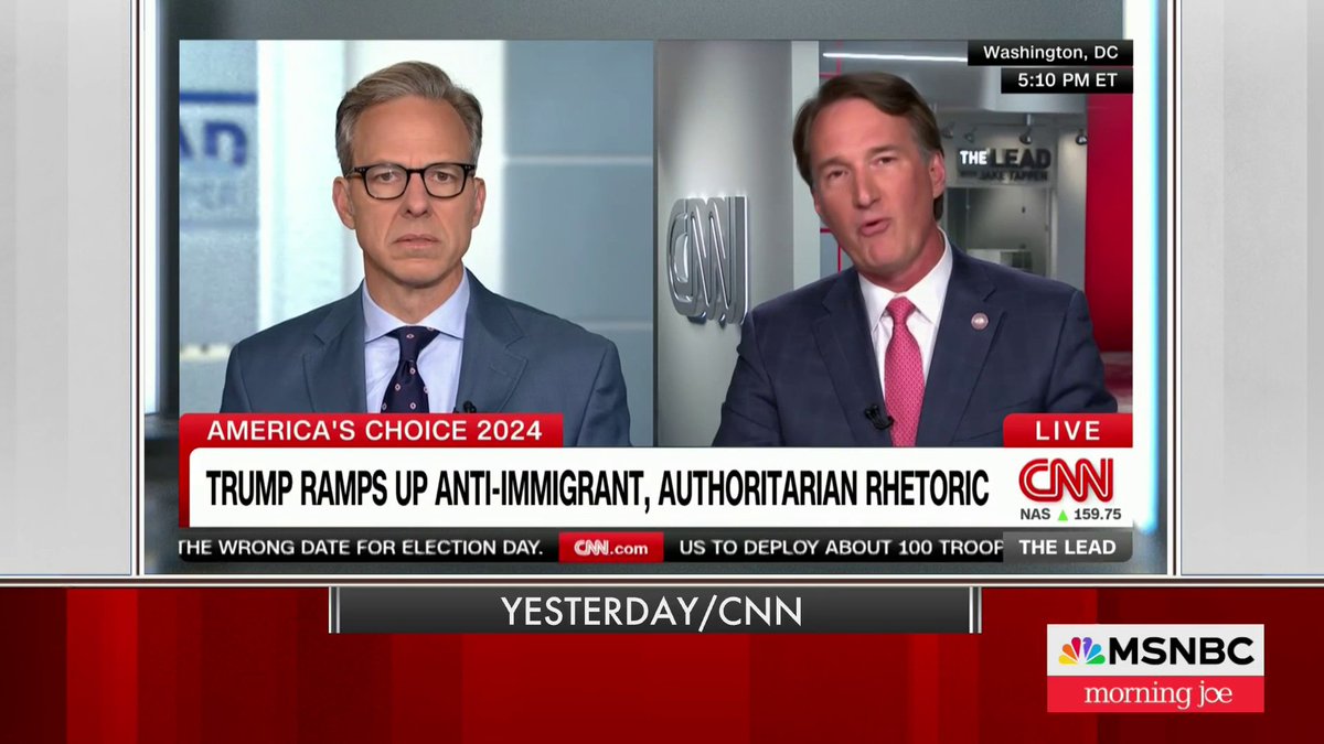"Glenn Youngkin is defending the use of the Army and the National Guard against Democrats. Against Donald Trump's political opponents. That's where we are, that's where America, that's where the GOP is three weeks away from the most important election of our lifetime." -@joenbc