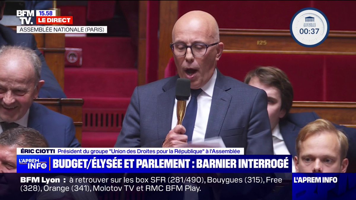 🔴 Éric Ciotti (UDR) :"Je me demande si vous n’êtes pas le Premier ministre rêvé du NFP. Nous nous opposerons à ce budget 2025, digne d’un gouvernement socialiste, qui conduira à une récession." #DirectAN #GouvernementBarnier