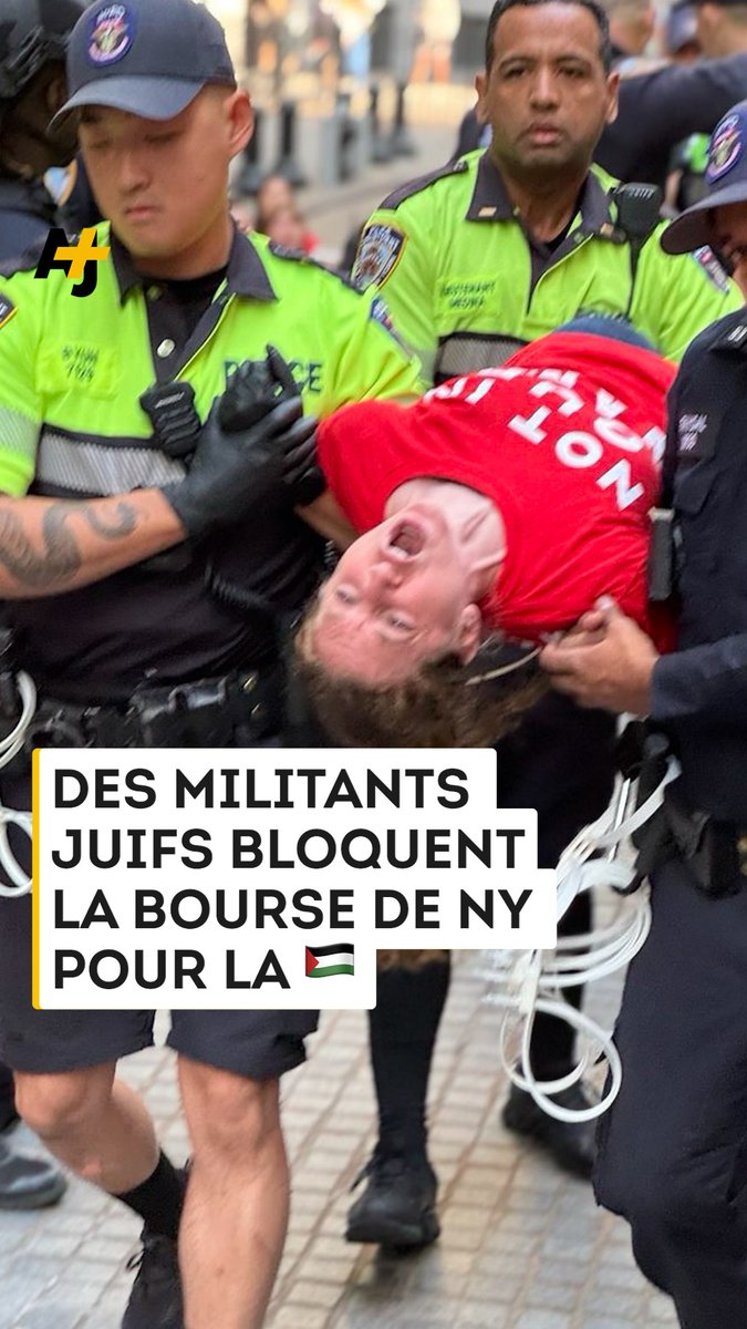 Des centaines de manifestant·es juif·ves, de Jewish Voice for Peace, ont bloqué la Bourse de New York pour dénoncer le soutien militaire des États-Unis à Israël :