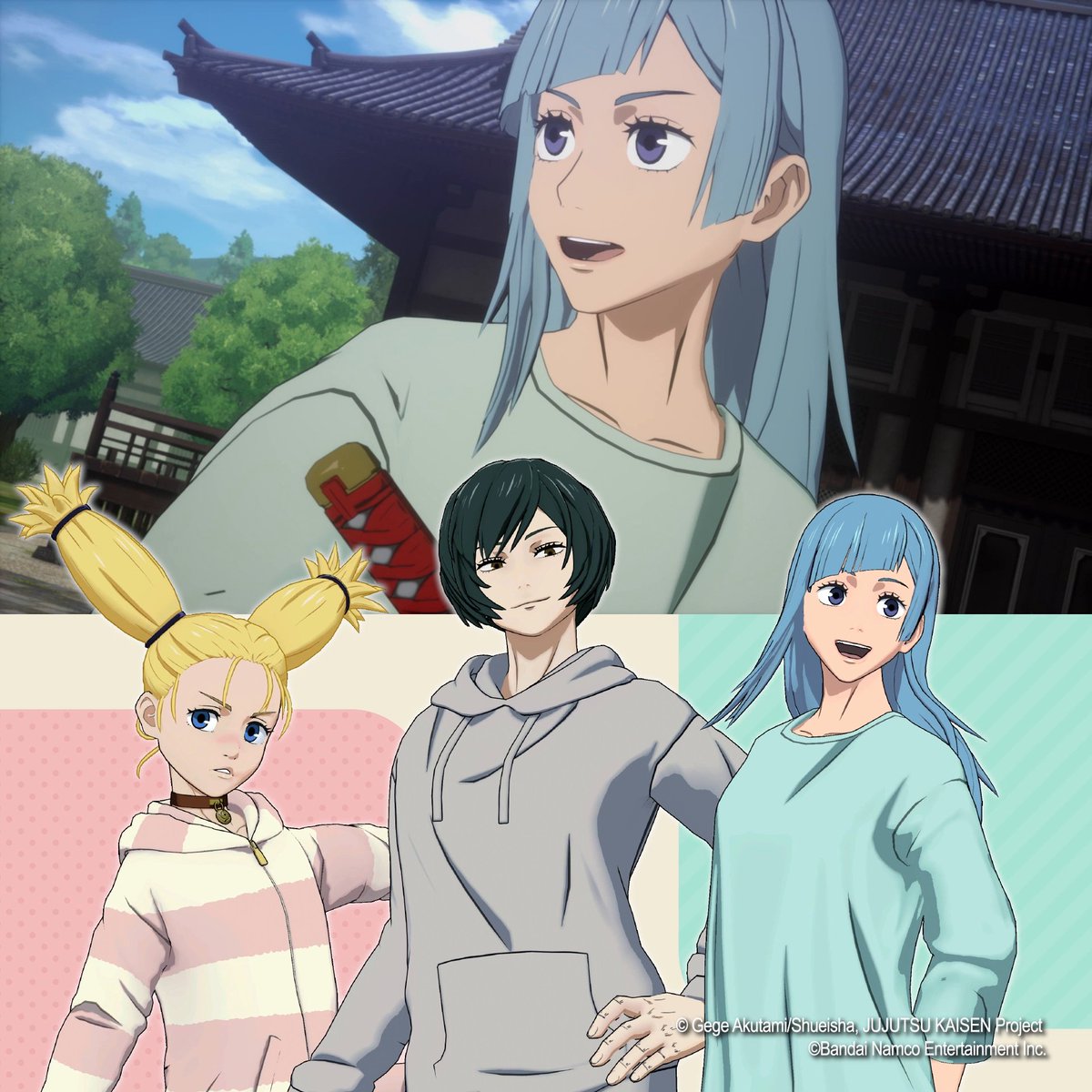 Destroy the competition in comfort! Dress Momo Nishimiya, Mai Zen'in, and Kasumi Miwa in soft styles with Paid DLC: Kyoto Jujutsu High School Girls' Outfit Set, out now! "Jersey" and "loungewear" outfits are available in 4 colors each. 👗👚👕💥