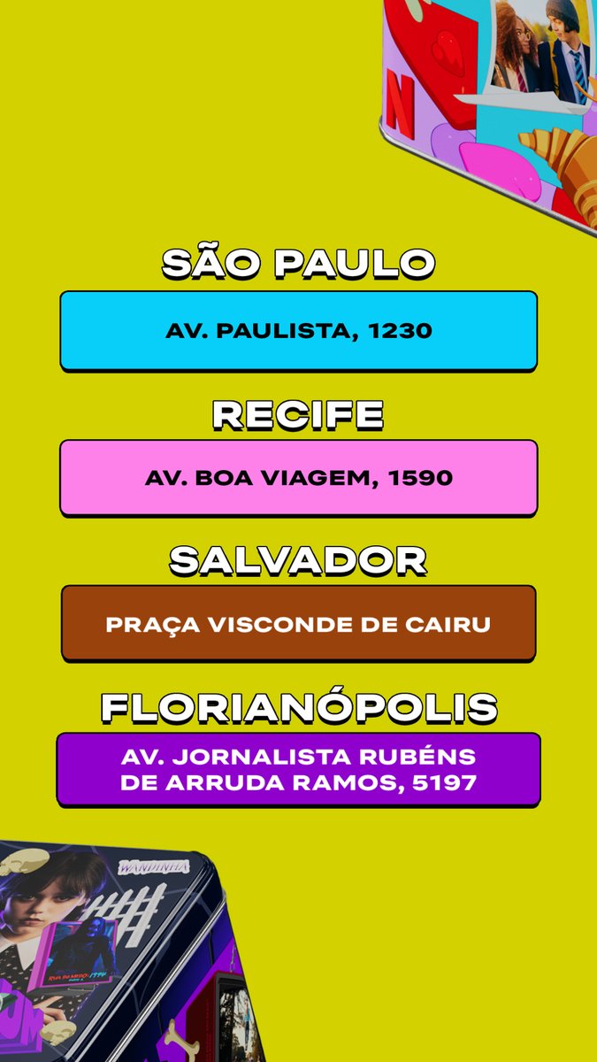 Vai ter latinha e vai ter LATÃO DO TUDUM! É o #TUDUMNaLata 🎁 Endereços completos 👇👇 📍 São Paulo Av. Paulista, 1230 - Em frente ao Shopping Cidade São Paulo 📍 Salvador Praça Visconde de Cairu - Ao lado do Terminal Náutico 📍 Recife Av. Boa Viagem, 1590 📍 Florianópolis Av. Jorn. Rubéns de Arruda Ramos, 5197